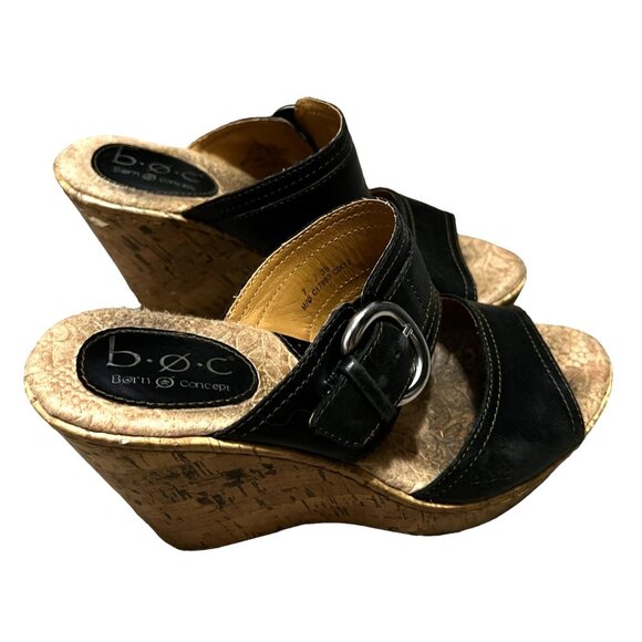 b.o.c. Black Leather Wedge Sandals Sz 7 Womens C17903 CIK12 - Picture 2 of 15